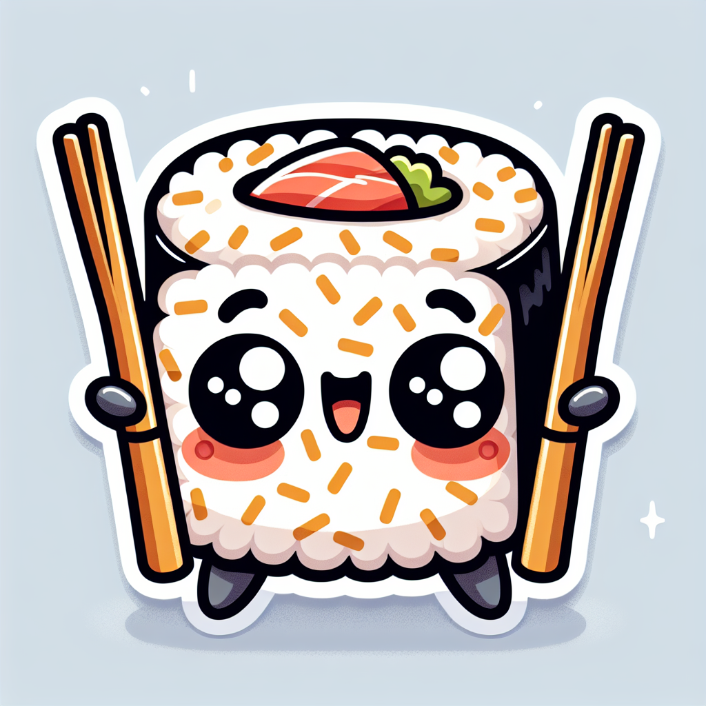 sticker-A smiling sushi roll with big eyes and little chopstick arms-cute stickers-1733095482614